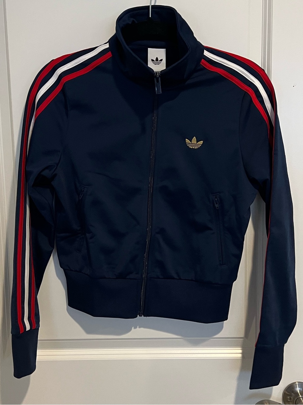 adidas Navy Bomber Jacket with Red & White Shoulder Stripes